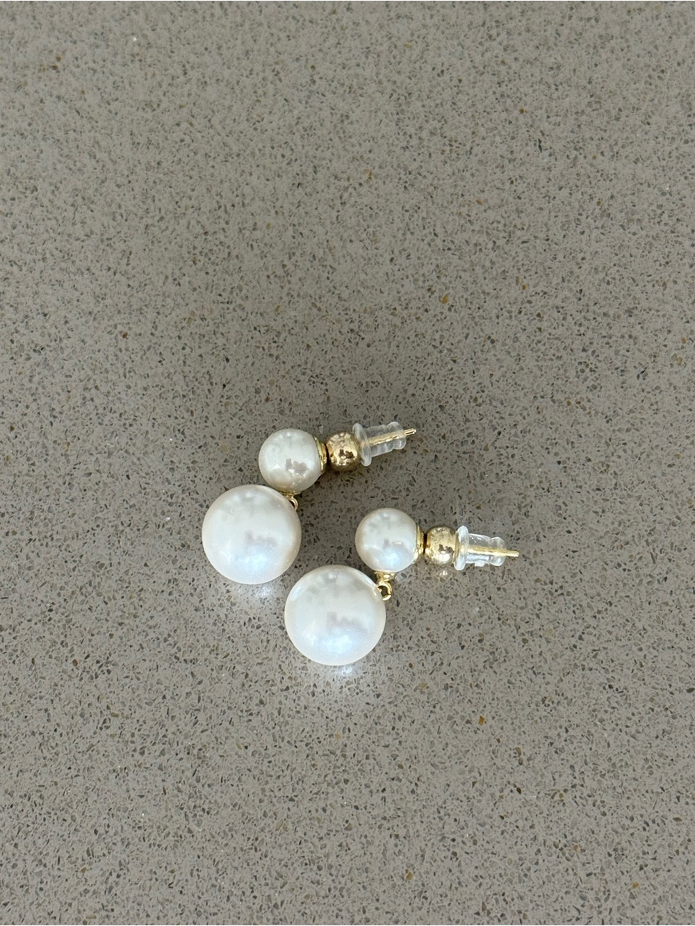 Gold and White Pearl Double Drop Stud Earrings
